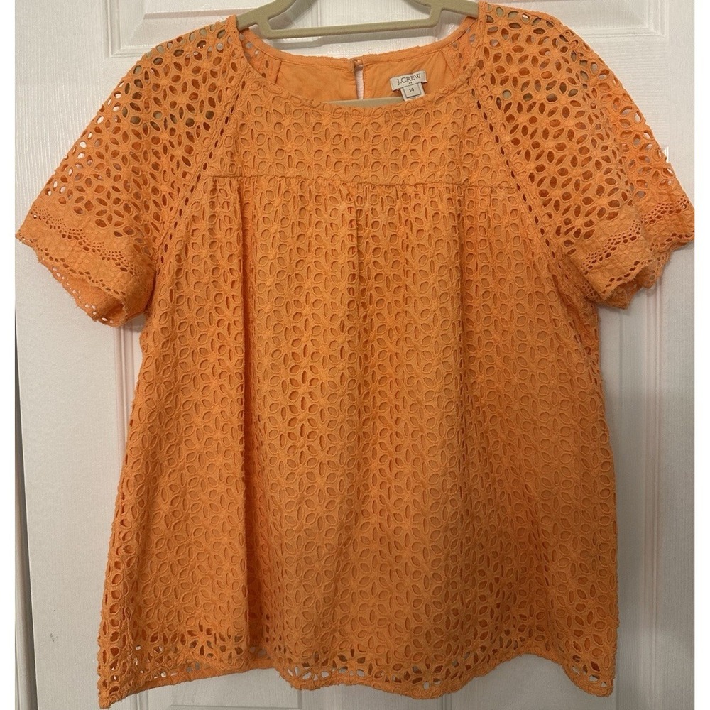 J. Crew Orange Eyelet Lace Short Sleeve Blouse Top Cotton Lined A2497 Womens‎ 14